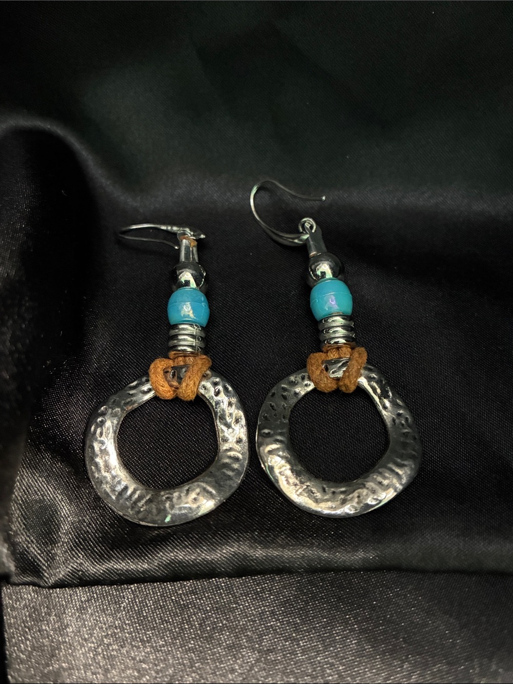 Hammered Silver Hoop Earrings with Turquoise Beads and Tan Accents